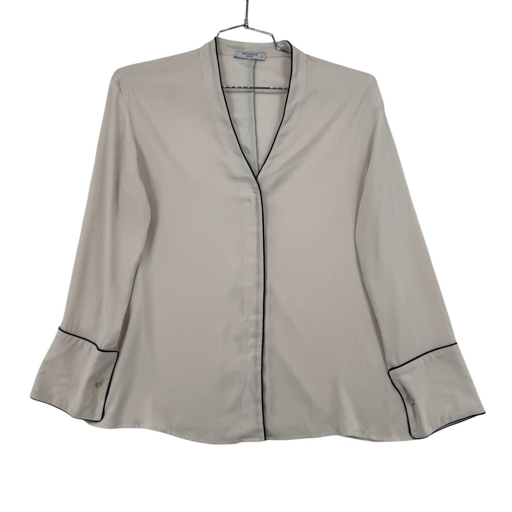 MM.LaFleur Barton Shirt Women Large Ivory Black Piping V-Neck Blouse